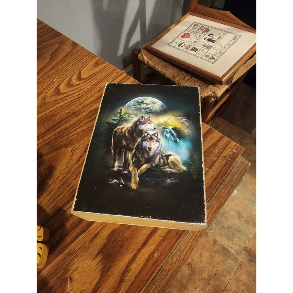 Vintage Velvet Lined‎ Majestic Wolves & Moon Cedar Jewelry, Cigar, Keepsake Box